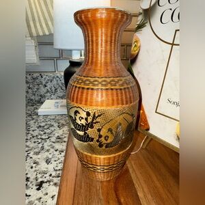 Vintage wicker & silk chinoiserie porcelain vase